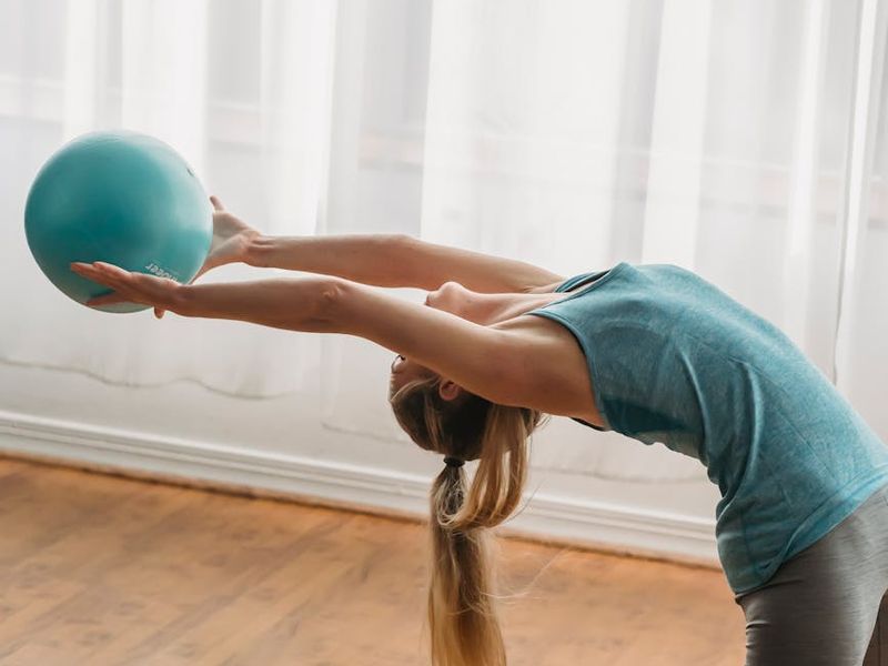 Close up of yoga equipment and floor markings for alignment